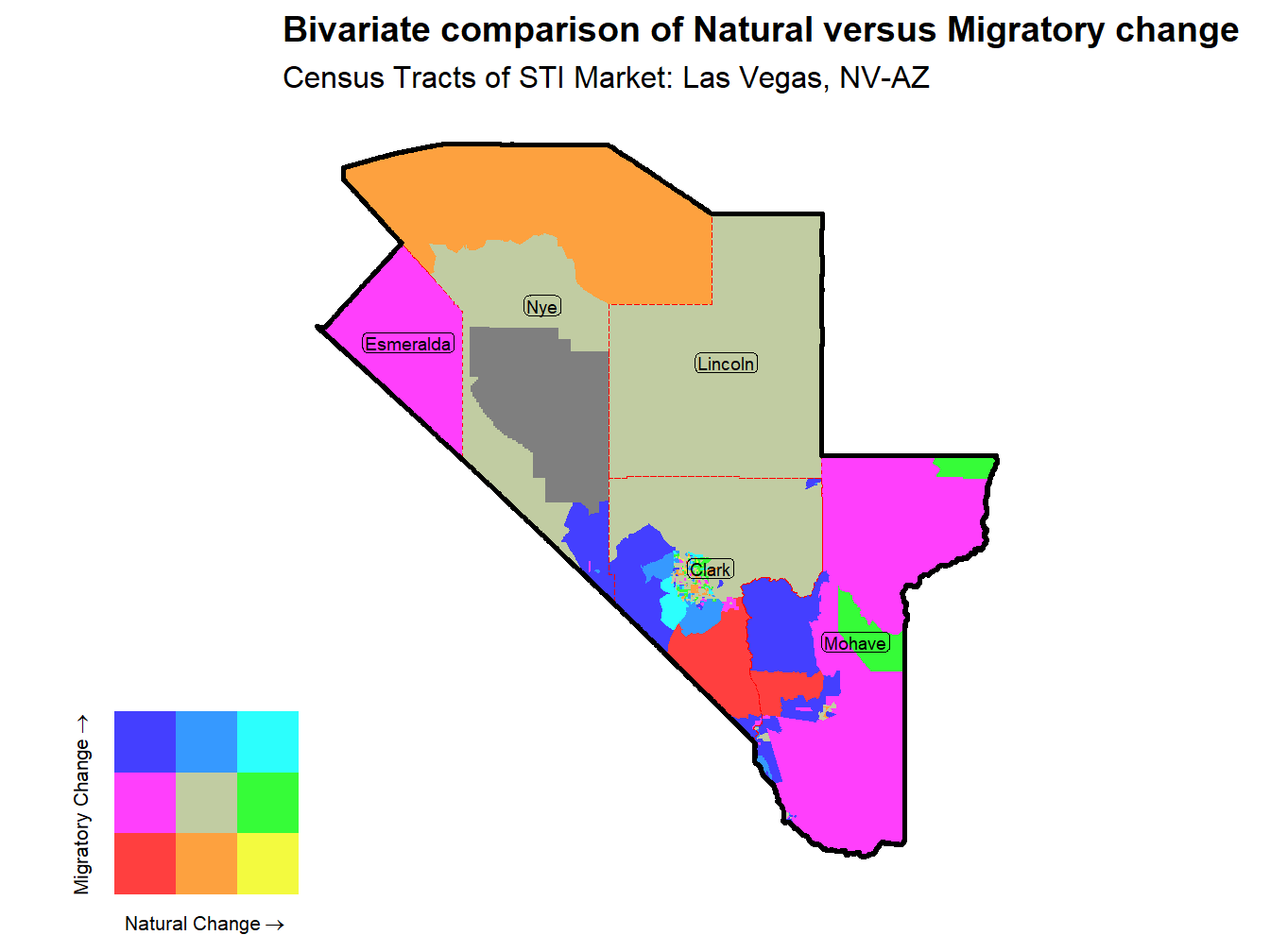 Bivariate Thematic Map of Natural versus Migratory change