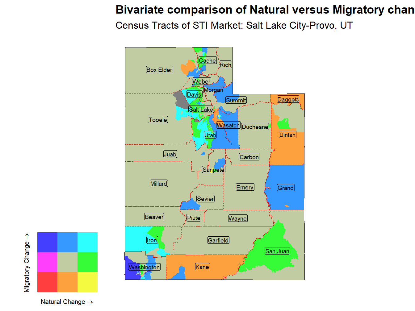 Bivariate Thematic Map of Natural versus Migratory change