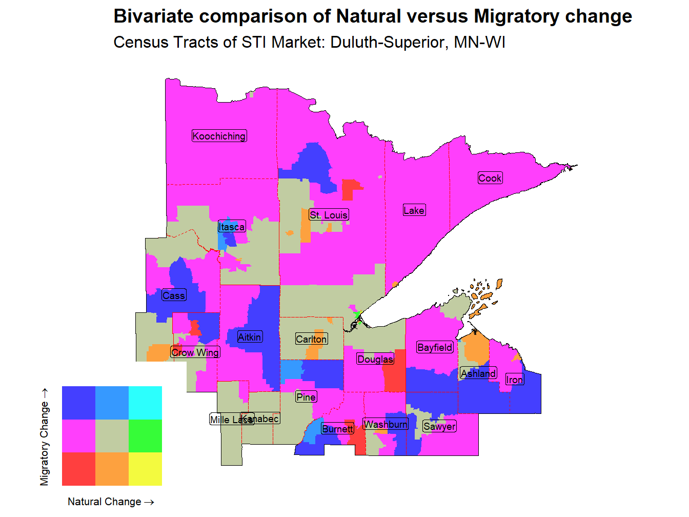 Bivariate Thematic Map of Natural versus Migratory change