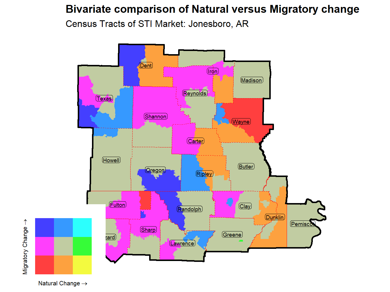 Bivariate Thematic Map of Natural versus Migratory change
