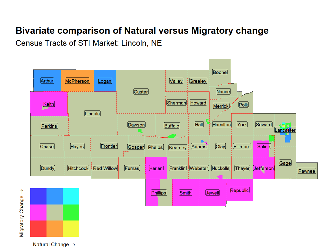 Bivariate Thematic Map of Natural versus Migratory change