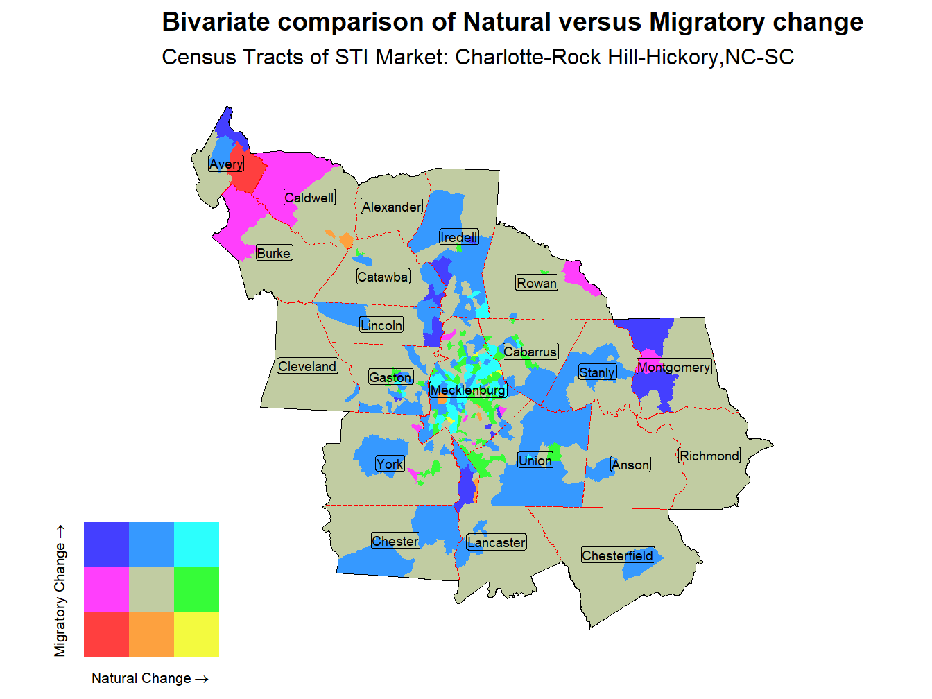 Bivariate Thematic Map of Natural versus Migratory change