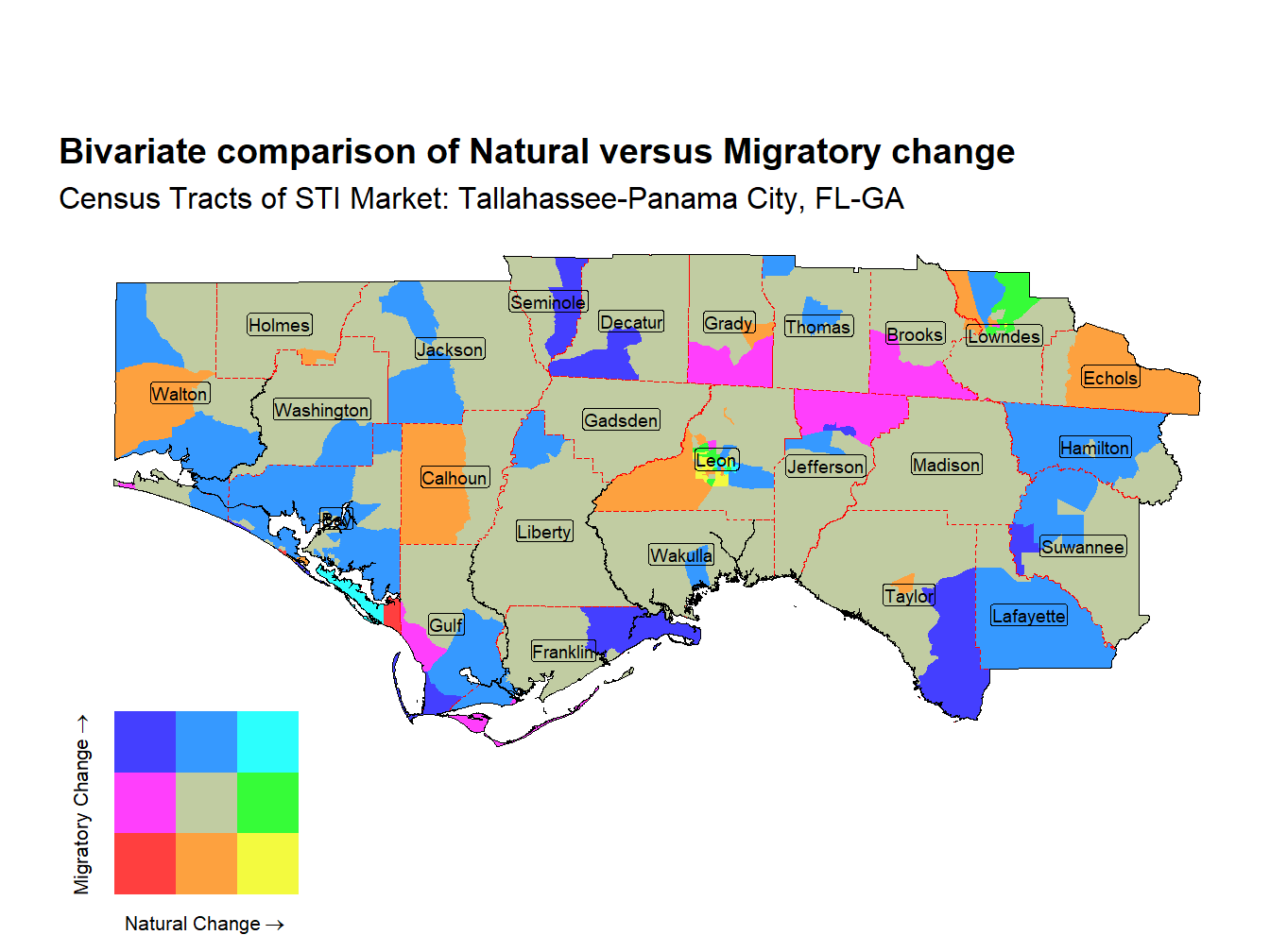Bivariate Thematic Map of Natural versus Migratory change
