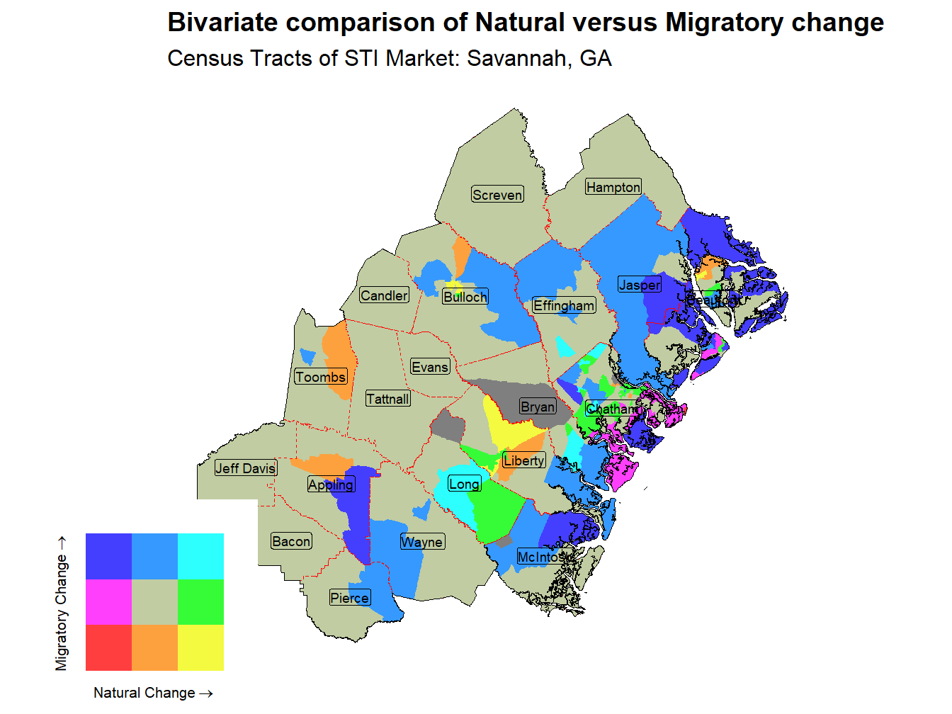 Bivariate Thematic Map of Natural versus Migratory change