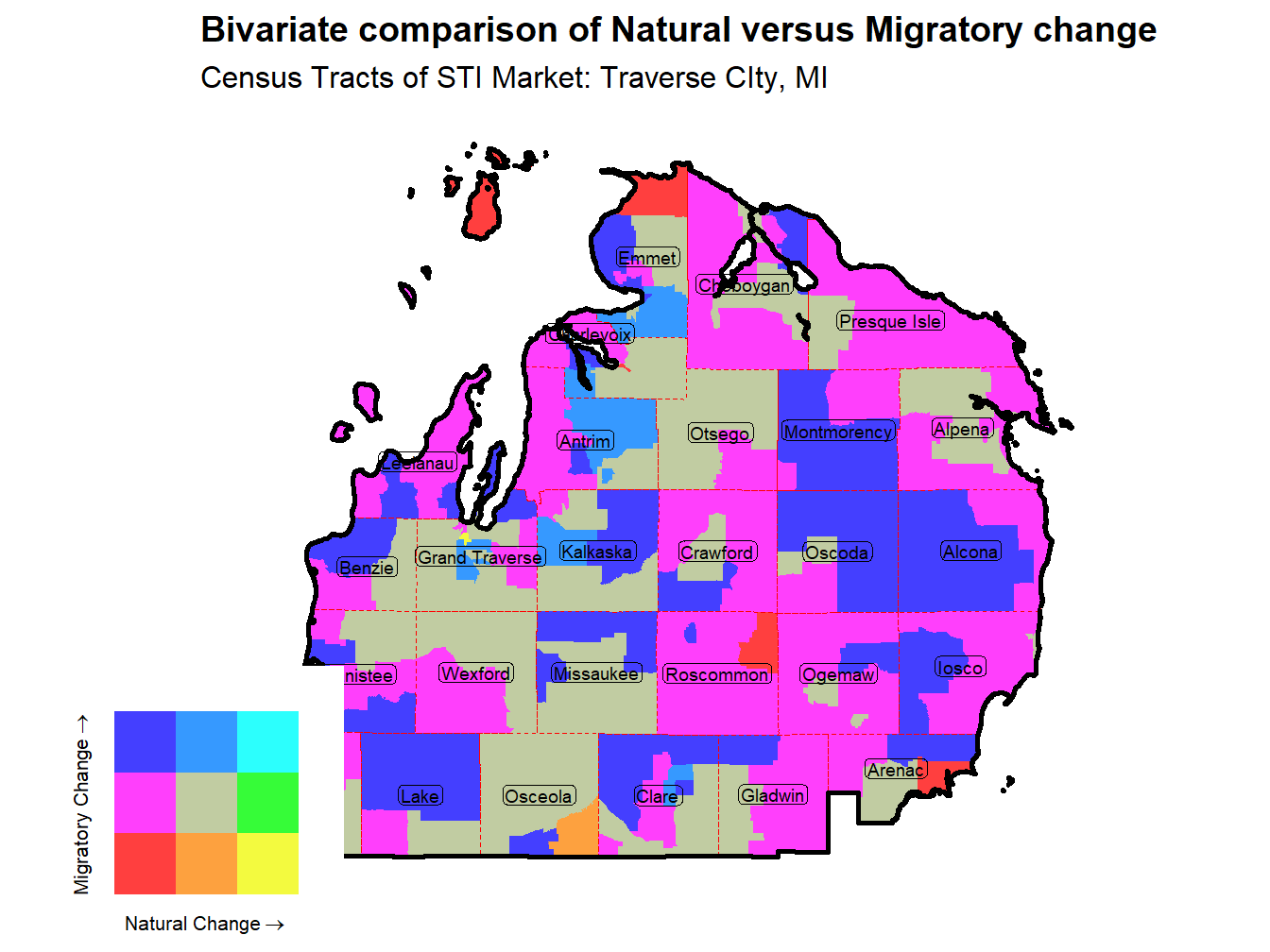 Bivariate Thematic Map of Natural versus Migratory change