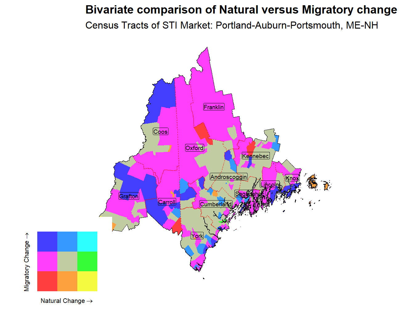 Bivariate Thematic Map of Natural versus Migratory change