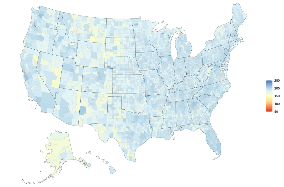Economic Vitality (non-indexed) by County from July 1st 2020, limits of 50 to 250