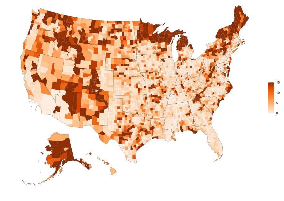 Seasonal Pop per 100 Population by County from July 1st 2020, limits of 0,-15